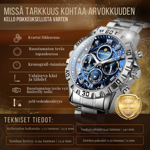 Luksusinen kronografi-kello metallirannekkeella